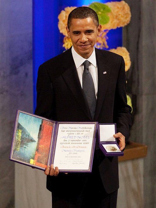 Barack Obama receiving his Nobel Peace prize. 