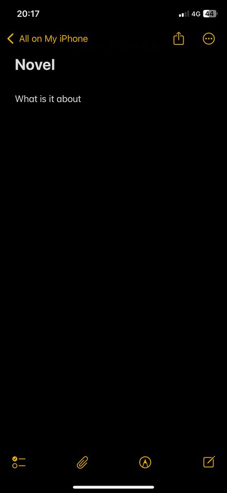 Screenshot from Apple notes app. It says “Novel: what is it about?”