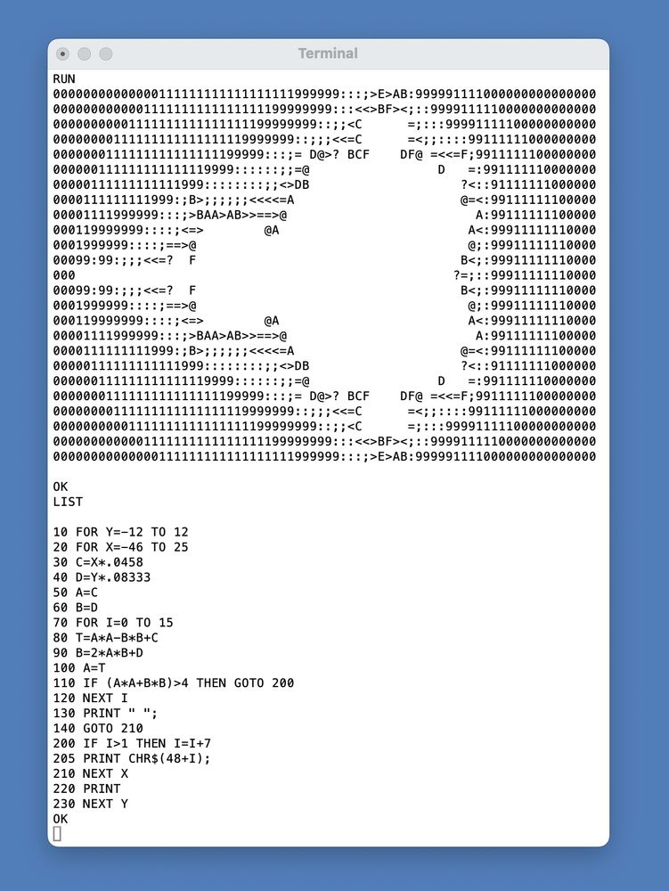 Screenshot showing an ASCII Mandelbrot set and BASIC program running on an AudioMoth.
