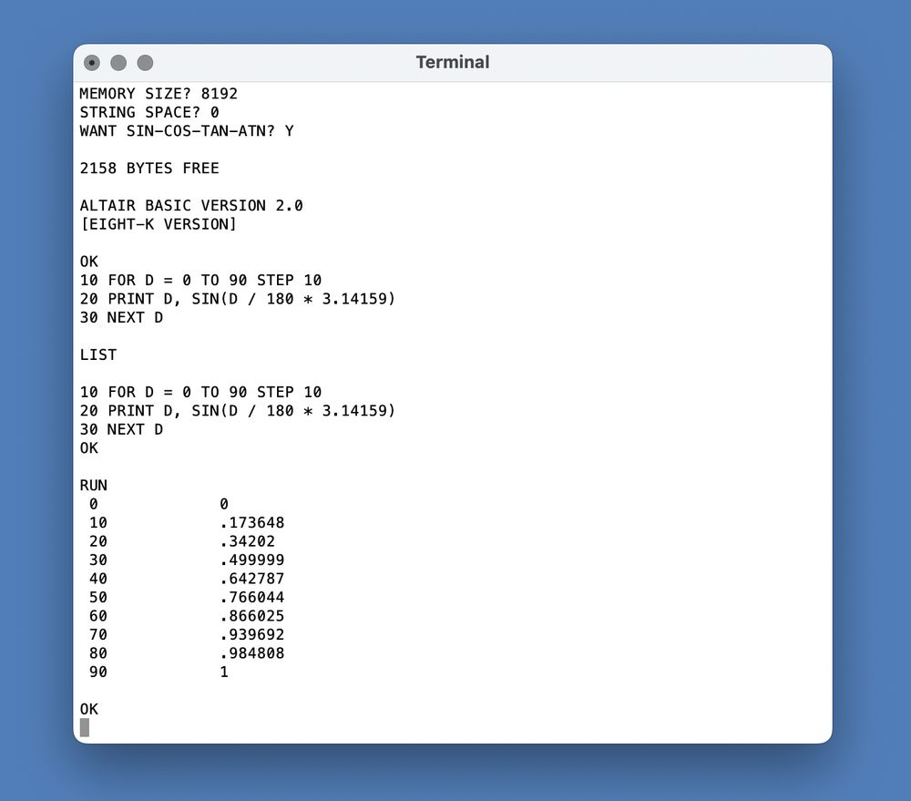 Screenshot of the AudioMoth Altair 8800 simulator running an example BASIC program.