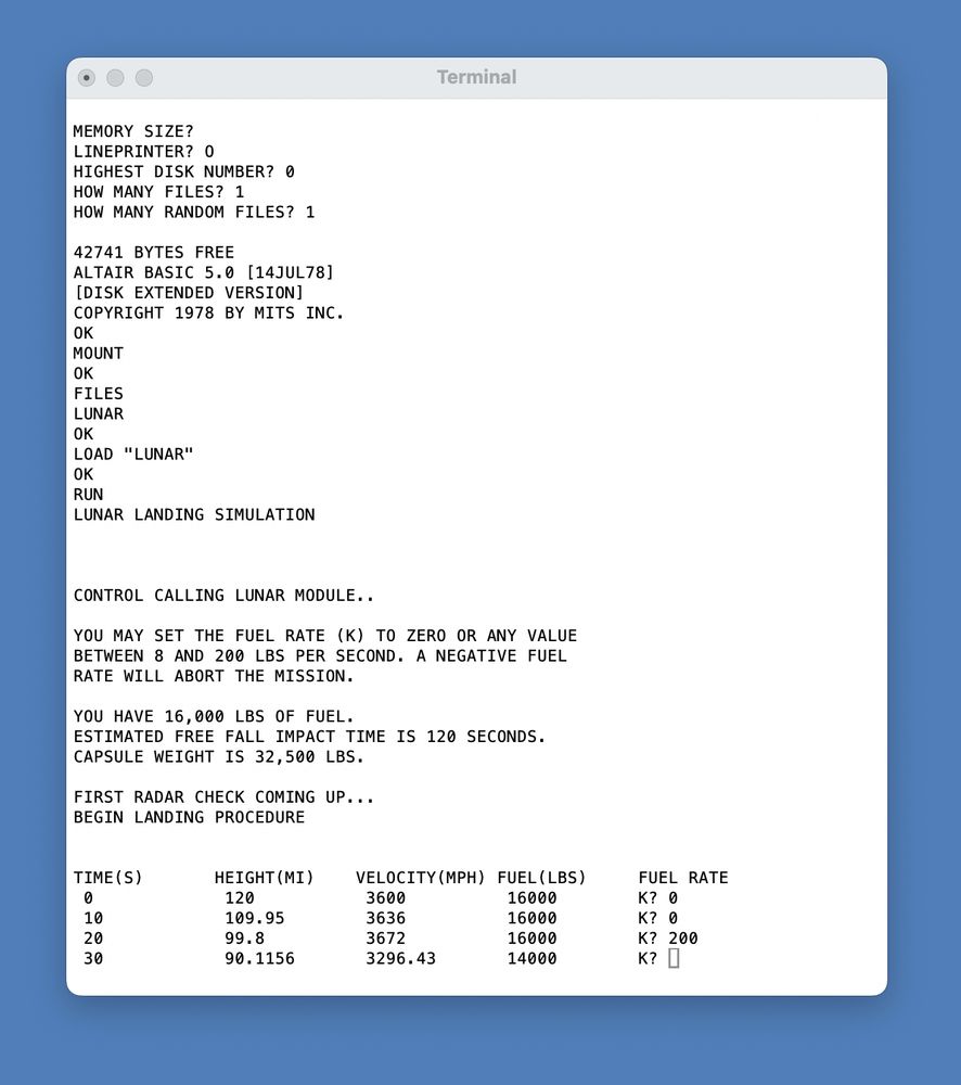 Screenshot showing the terminal during a session using the AudioMoth Altair 8800 simulator running Altair Disk Extended BASIC.