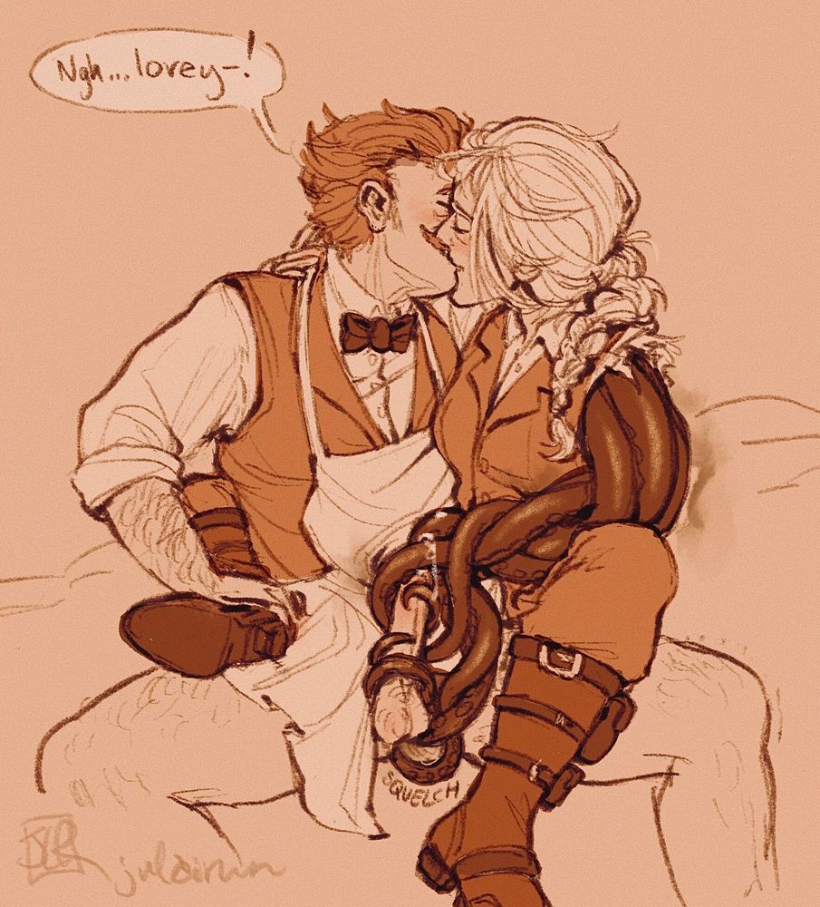 Bert Chapman and Vanellope Chapman from the Cloudward, Ho! campaign of Dropout’s Dimension 20 D&D show embrace while kissing. Van sits behind Bert, her tentacled arm reaching around to give Bert a handjob and tease his asshole. Now in monochromatic color!