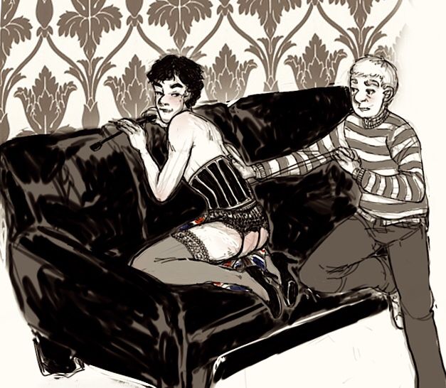Sherlock squats over a Union Jack pillow on the leather sofa of 221B, he’s wearing lingerie, heels, and a corset that John is tightening for him while trying to avoid looking at his pale exposed bum
