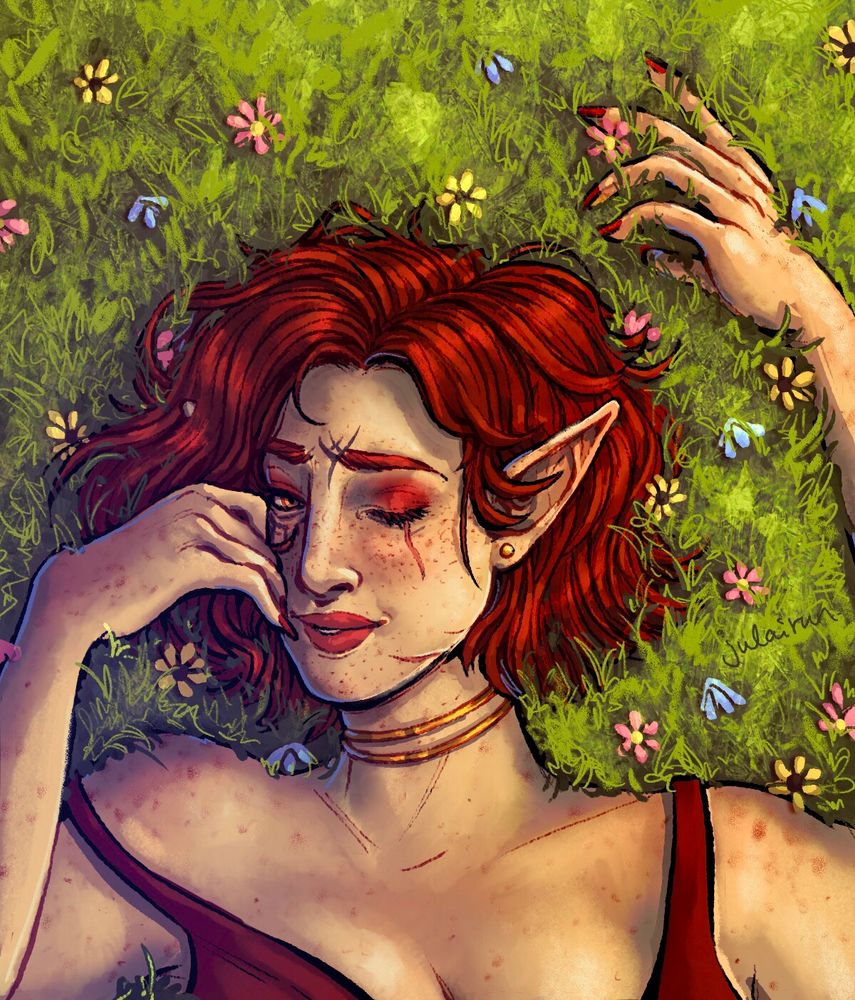 A red haired elf lays in a field of tiny wildflowers. She has one eye closed with a scar visible beneath it.