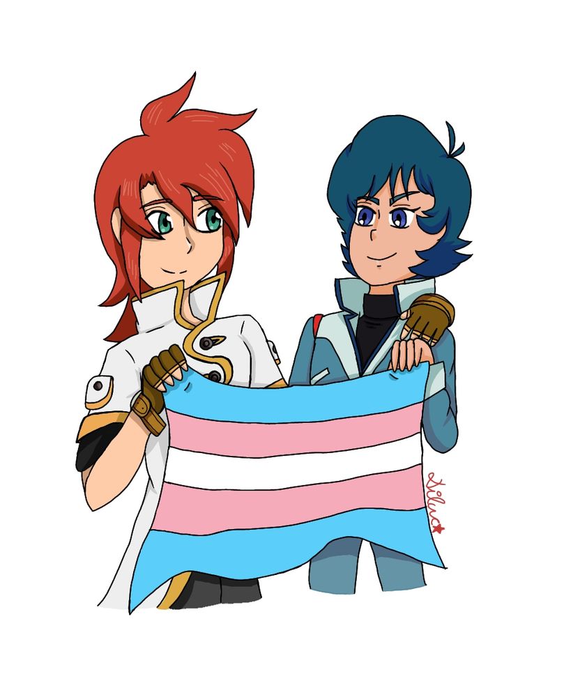 Luke Fon Fabre from Tales of the Abyss and Kamille Bidan from Mobile Suit Zeta Gundam holding a trans flag.
