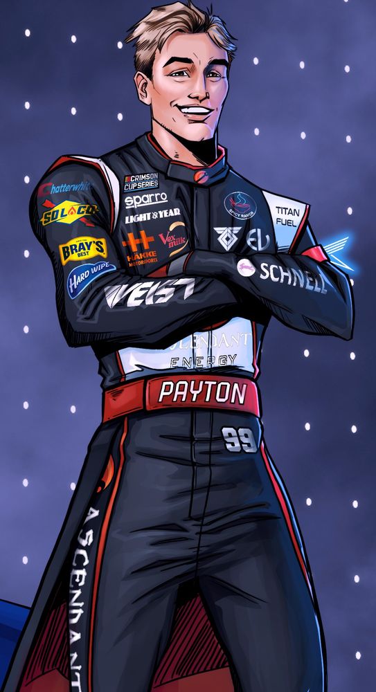 a close up of my warlock, Scott Payton, decked out in racing gear with various Destiny themed sponsors that are reminiscent of irl logos. Chatterwhite/Crest, Sol Co/Sun Co, Sparro/Sparco, Crimson Cup Series/Nascar Cup Series, Titan Fuel/GFuel, Hard Wipe/Charmin, Vex Milk/Coffee Mate, Light Year/Good Year, Ascendant Energy/Monster Energy. And then regular Destiny brands: Schnell, Hakke, Veist, Warmind, Eververse, Spicy Ramen