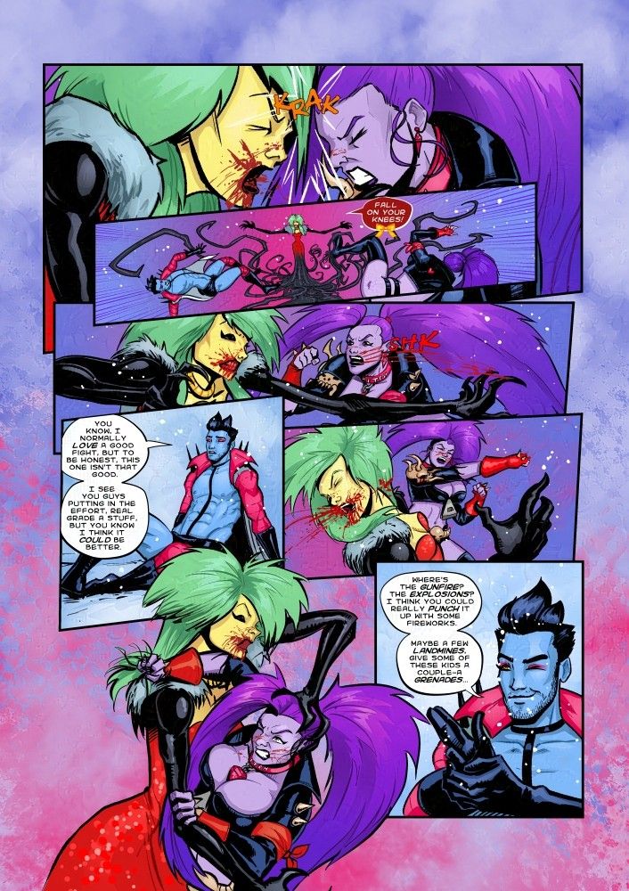 multi panel comic page of two women fighting while a man in the background is critiquing their fighting style, saying although hje commends their efforts, the fight remains weak and needs more explosions.