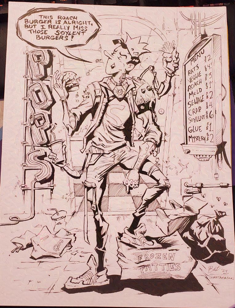 A traditionally inked Jughead Jones resting his left leg on a box of frozen hamburger patties as he looks to a roach-filled burger he just took a big bite out of. Jughead is dressed in tattered cyberpunk type pants with straps and a yellow jacket, His standard S sweater remains. Being in the future he now has cybernetic limbs, and additional robotic limbs which hold fries and a drink. Jughead is standing in front of a shitty future version of Pop's diner which is littered with trash and debris. A menu to Jughead's left shows disgusting types of weird mystery meats for sale. A word balloon in the corner exclaims,"This roach burger is alright, but I really miss those soylent burgers"