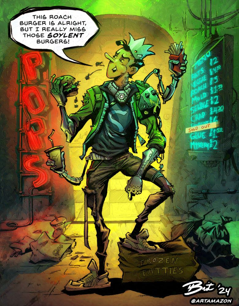 digital color version of the other traditionally inked image of Jughead Jones. A green streetlight above him shines on his face, while he is illuminated by a soft yellow light from within the diner. The neon Pop's sign to Jughead's right casts a soft glowing read against the wall. The Pop's menu is a faint blue glow which casts a slight blue rim light against Jughead's jacket.