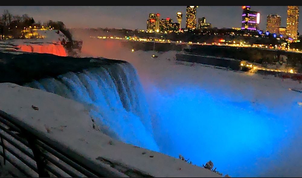 Niagara Falls last month at night with the red & blue lights on it. 