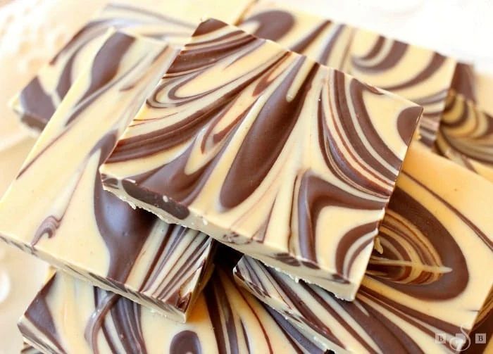 Some squares of tiger butter (a kind of fudge-like treat made from peanut butter and chocolate that has swirly stripes, hence the name).