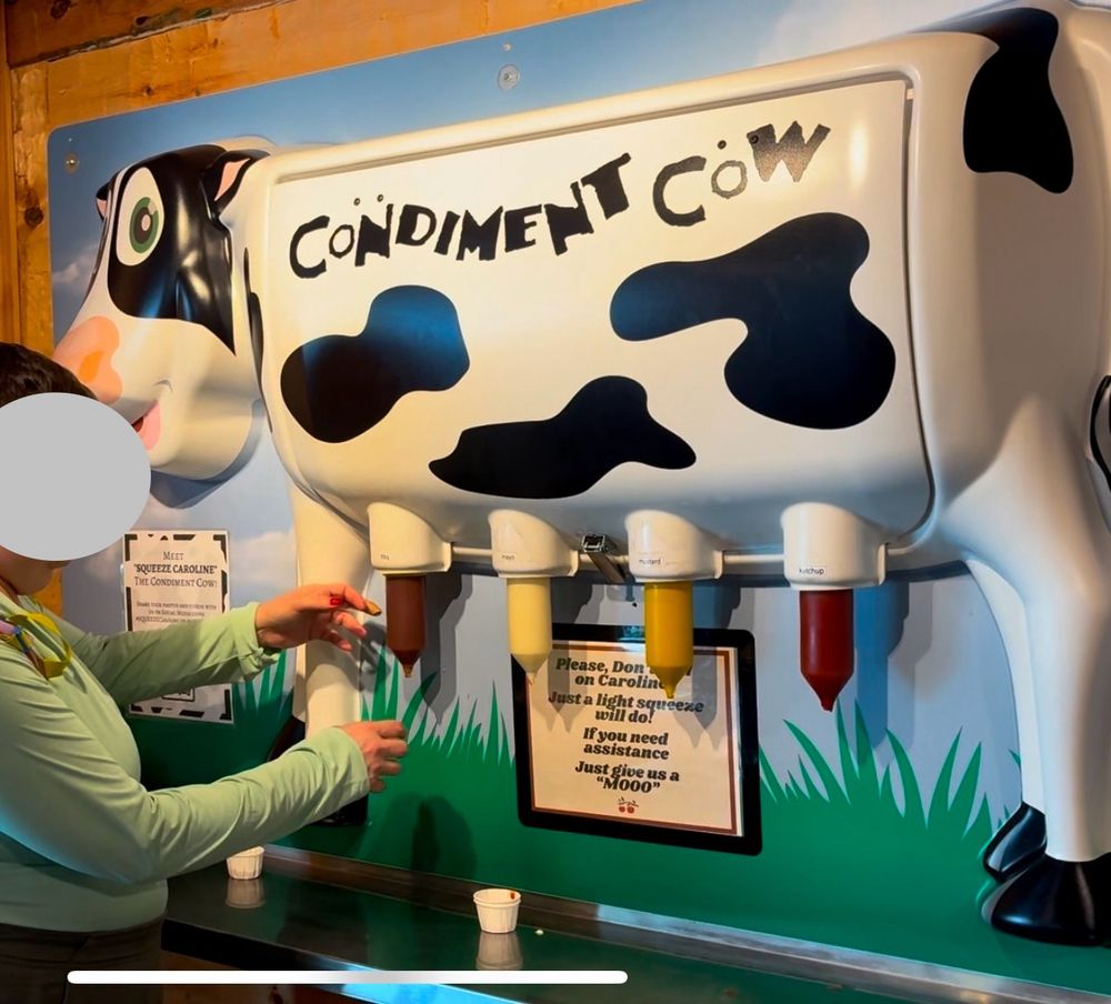 A picture of the "condiment cow", which is a large plastic cow hanging on the wall with four "udders" that dispense various condiments. 