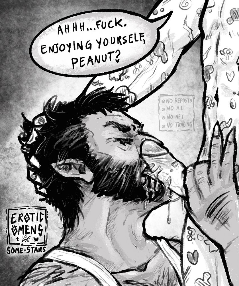 A closeup of Logan giving Wade a blowjob and having a GREAT time, eyes closed and thoroughly lost in the sauce. Wade’s hand is on his head and a speech bubble says “Ahhh…fuck. Enjoying yourself, peanut?”