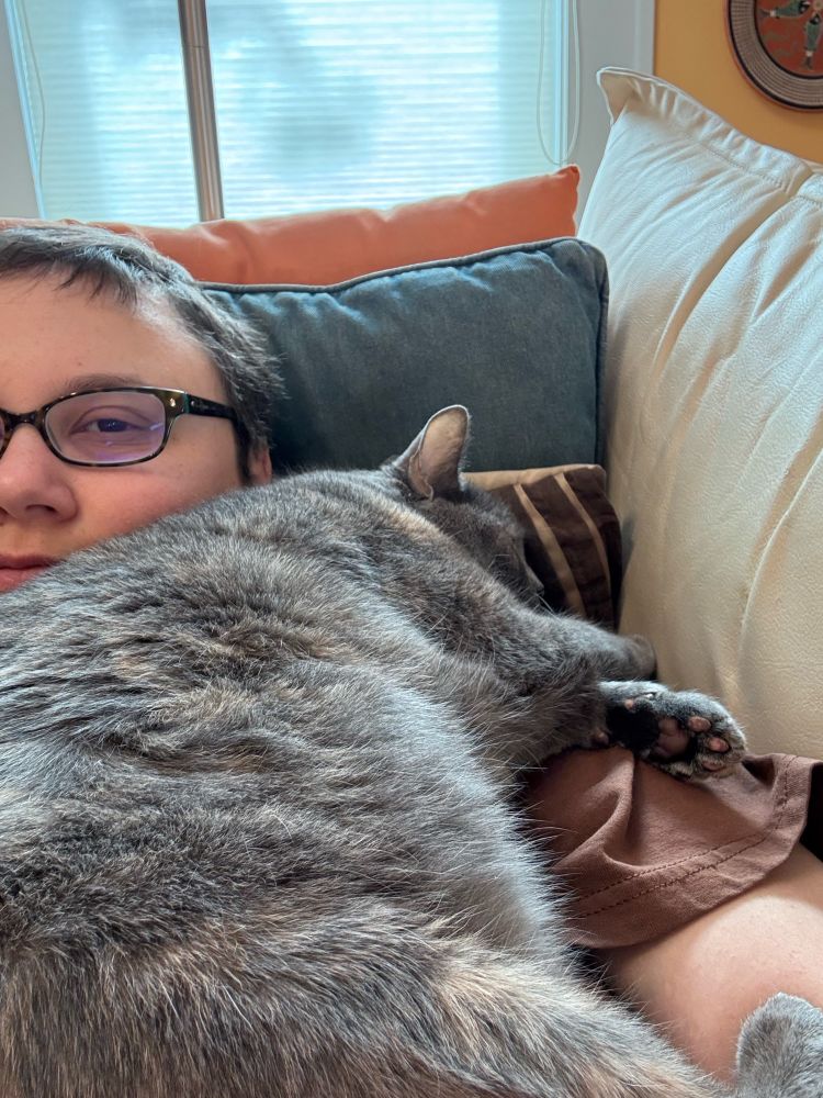 my cat rosie, a dilute tortoiseshell, lying asleep sprawled across my chest and pressed up against my face, which is only partially visible. 