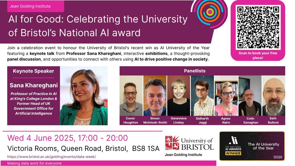 AI for Good event graphic featuring text about the event and headshots of Conor Houghton, Sana Khareghani, Simon McIntosh-Smith, Genevieve Liveley, Sidharth Jaggi, Agnes Nairn, Colin Gavaghan, and Seth Bullock
