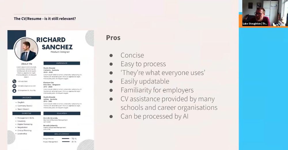 Slide from Luke Stoughton's talk. The slide lists Pros of the CV to the left of the slide 