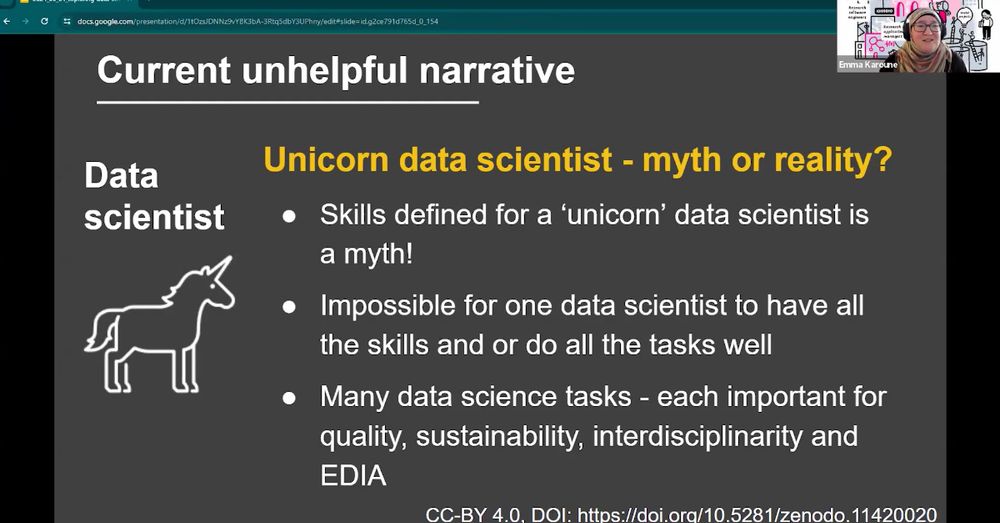 Slide from Emma Karoune's talk. This slide explains the current unhelpful narrative in relation to the unicorn data scientist.