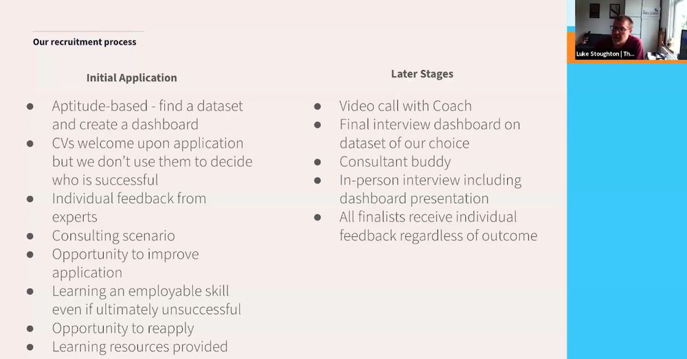 Slide from Luke Stoughton's talk. The slide explains the recruitment process of the Data School.