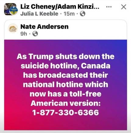 As Trump shuts down the 8 suicide hotline, Canada has broadcasted their national hotline which now has a toll-free American version: 1-877-330-6366