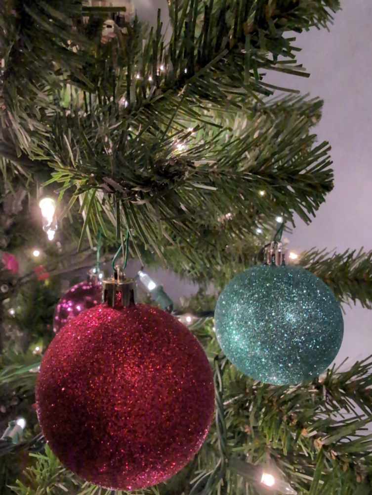 Two Christmas ornaments hanging on a tree 