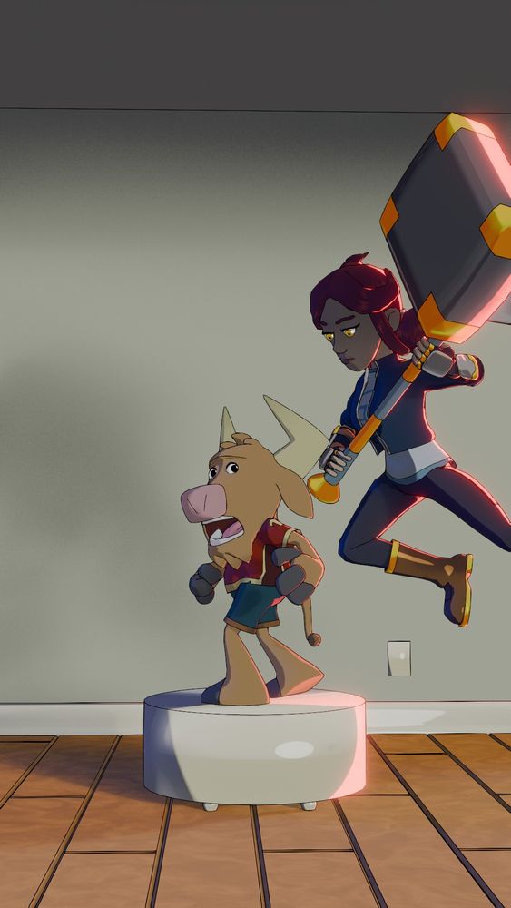 Toon-shaded Blender image of Fred (a small minotaur) about to be attacked by Gwendy, a red-headed woman wielding a very big hammer.