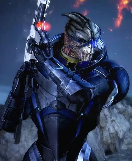 Garrus Vakarian from Mass Effect, a sort of bipedal artichoke bird guy 