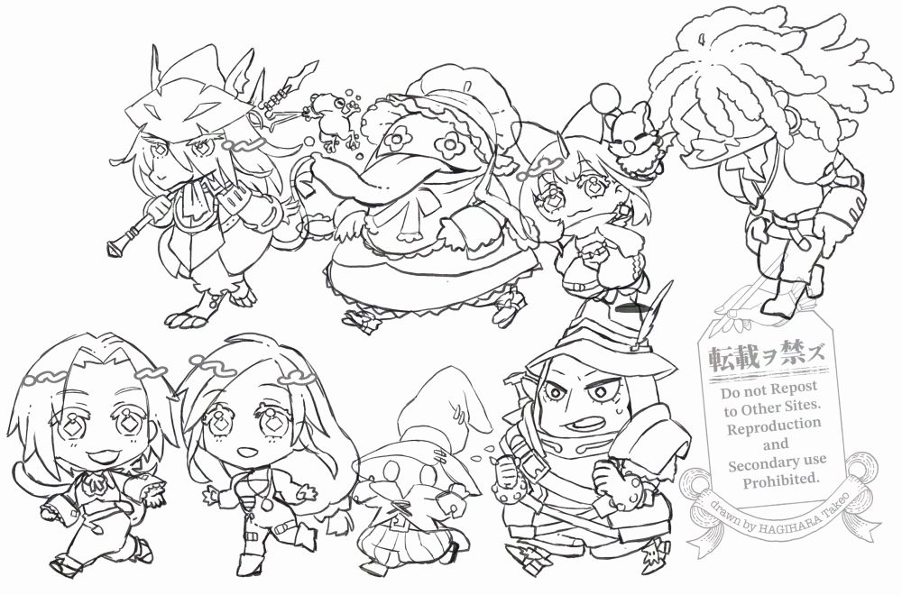 FF9のパーティメンバー8人のデフォルメイラスト。
全員が2頭身ほどのミニキャラにデフォルメされている。
手前にジタン、ガーネット、ビビ、スタイナー、
奥にフライヤ、クイナ、エーコ、サラマンダーが順にかけ足のポーズで並んでいる。
クイナはカエルを食べようとしており、エーコはモグを連れている。
全体的に楽しげな表情と雰囲気。
まだラフ線画のみの状態。