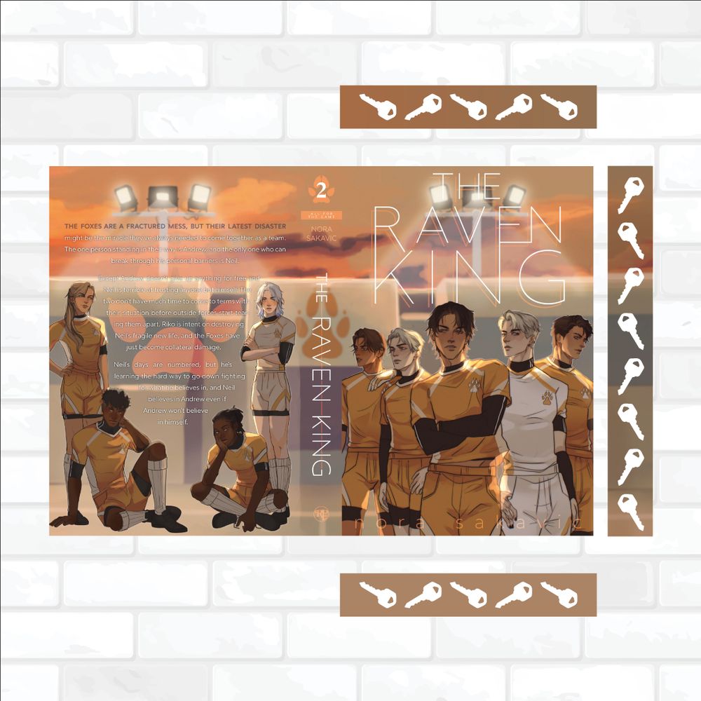 A graphic with a white brick wall background. The cover for The Raven King is shown with edges for three sides shown. The design is a color continuation of the cover with a white key on top of it.