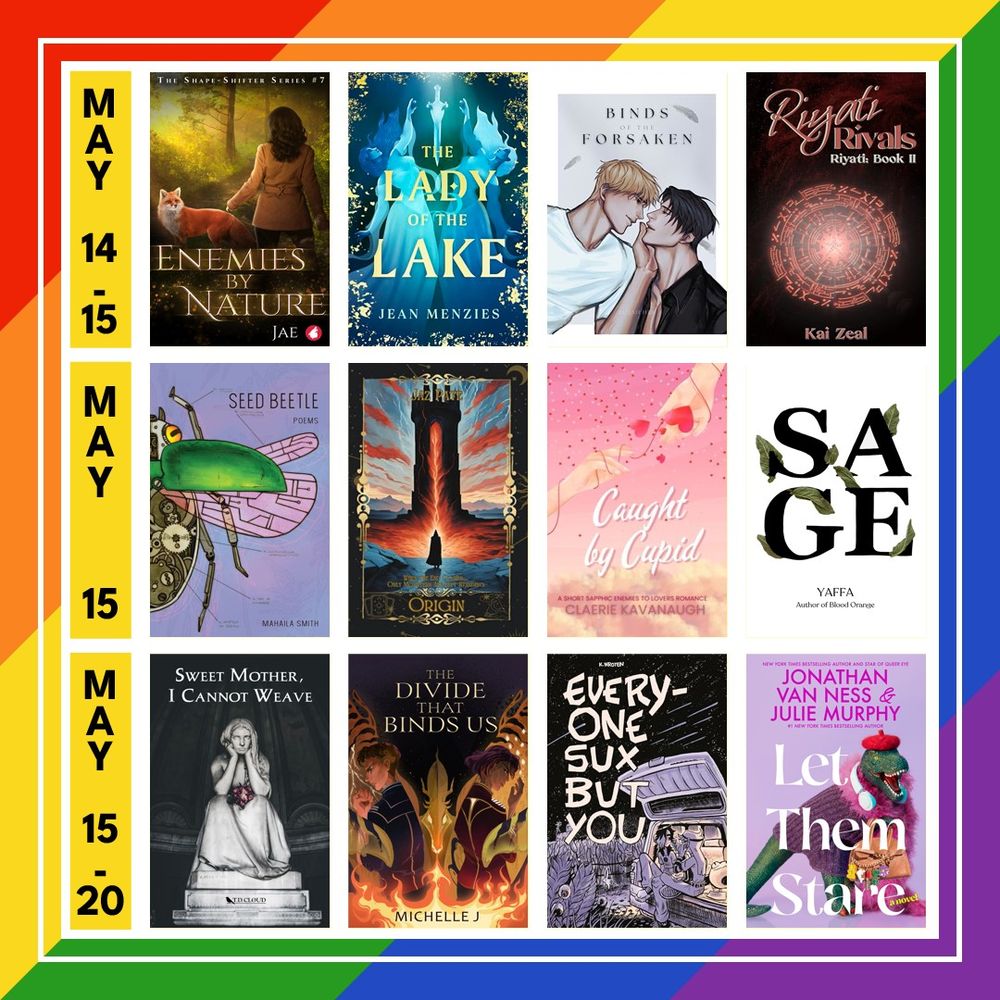 A graphic with a background is made up of a diagonal oriented 6-stripe rainbow. In the middle is a white white grid outline with a column on the left that has the release date in black over a yellow rectangle and book covers in three rows of 4 book covers each. Each spot has a book cover.