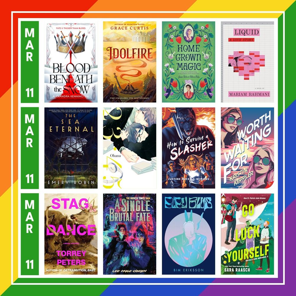 A graphic with a background is made up of a diagonal oriented 6-stripe rainbow. In the middle is a white white grid outline with a column on the left that has the release date in white over a green rectangle and book covers in three rows of 4 book covers each. Each spot has a book cover.
