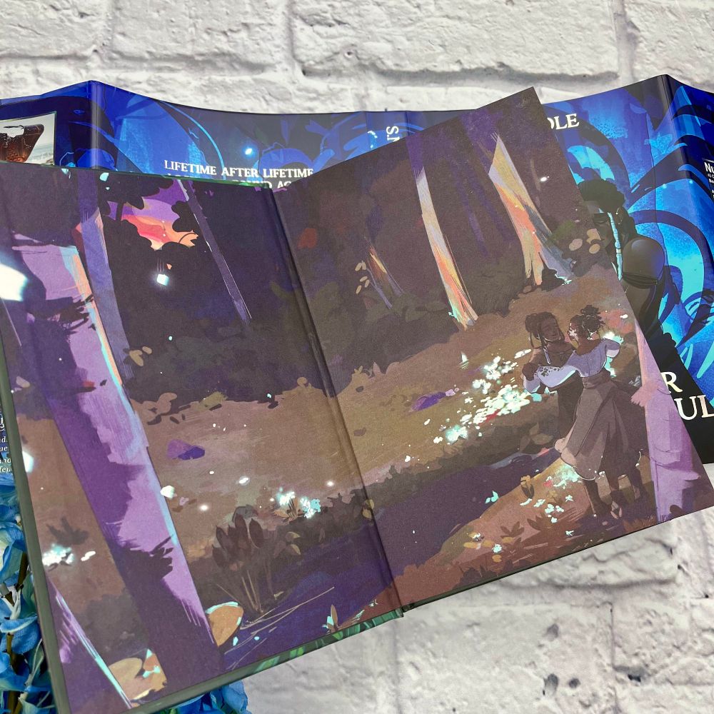 Close up of the front endpapers which is an illustration of a forest scene with two Black people dancing in the bottom right corner. The endpapers are open on top of the dust jacket.