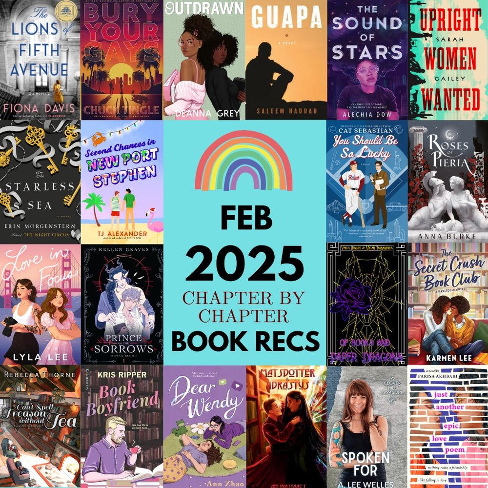Twenty books in four rows: the first and fourth row have six book covers which stretch across the entire width of the graphic. Rows two and three have four books with two on each side. In the middle of these is a teal background. A Rainbow Crate logo with no text is at the top. Text below reads “Feb 2025 Chapter by Chapter Book Recs” in all caps. All text is in black font, except for “Chapter by Chapter” which is in brown.
