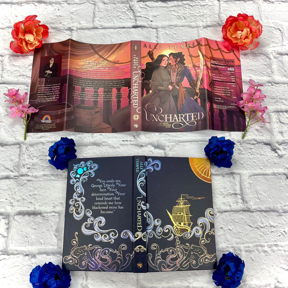 The dust jacket laid out above the full naked hard case. Peach flowers sit at the top corners, while pink flowers sit at the bottom corners of the dust jacket. Dark blue flowers sit at each corner of the hardcase. Everything lies on a white brick background.