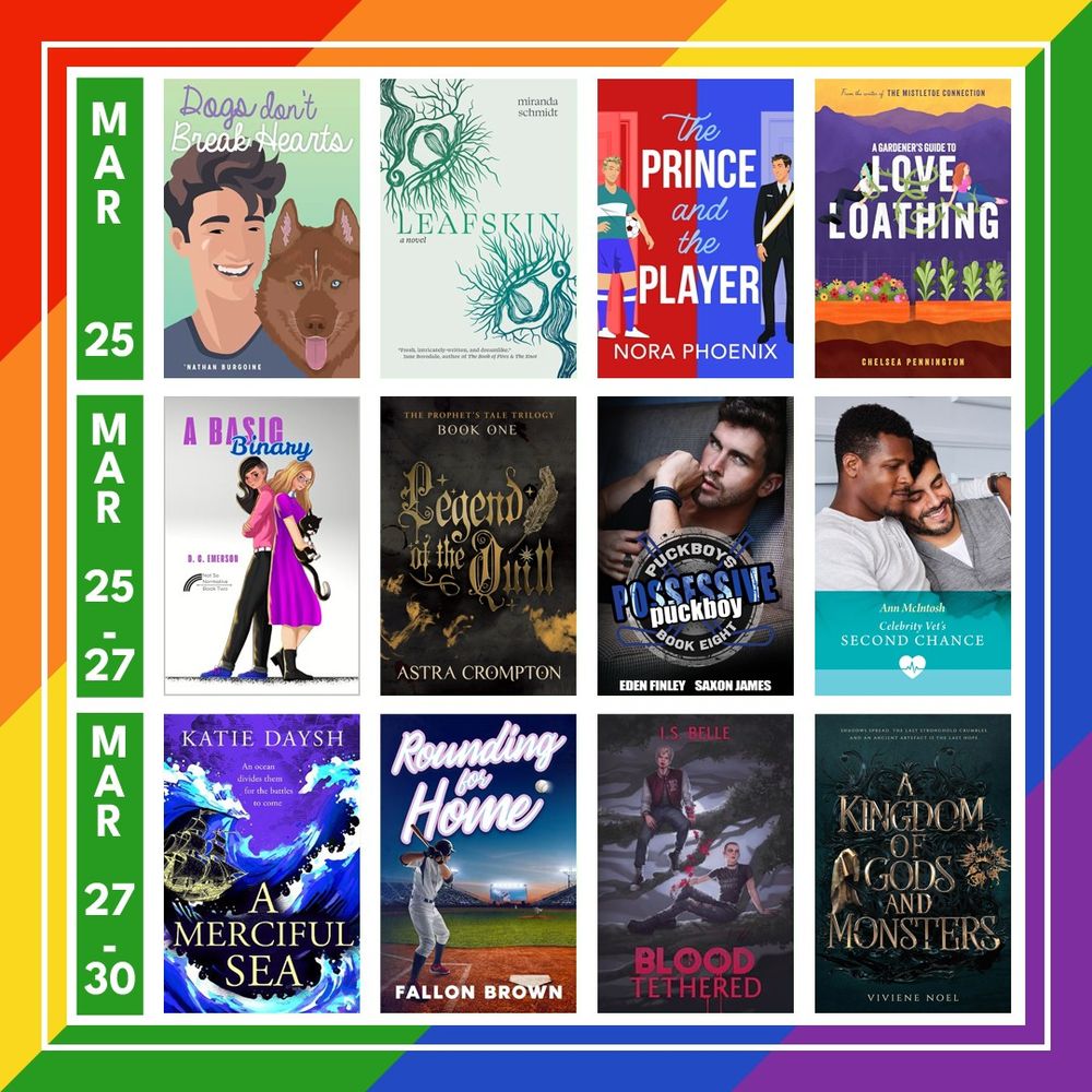 A graphic with a background is made up of a diagonal oriented 6-stripe rainbow. In the middle is a white white grid outline with a column on the left that has the release date in white over a green rectangle and book covers in three rows of 4 book covers each. Each spot has a book cover.
