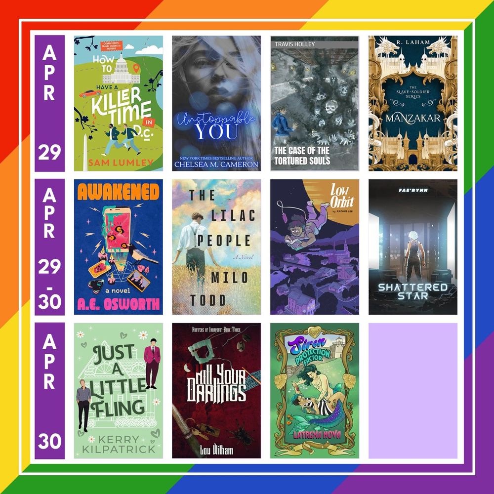 A graphic with a background is made up of a diagonal oriented 6-stripe rainbow. In the middle is a white white grid outline with a column on the left that has the release date in white over a purple rectangle and book covers in three rows of 4 book covers each. There are 11 book covers and 1 pale purple rectangle.