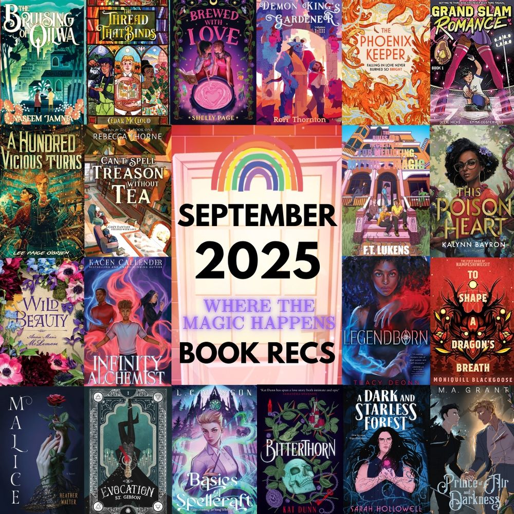 Twenty books in four rows: the first and fourth row have six book covers which stretch across the entire width of the graphic. Rows two and three have four books with two on each side. In the middle of these is a red brick background with a white door in the middle. A Rainbow Crate logo with no text is at the top. Text below reads “September 2025 Where the Magic Happens Book Recs” in all caps. All text is in black font, except for “Where the Magic Happens” which is a neon purple font.