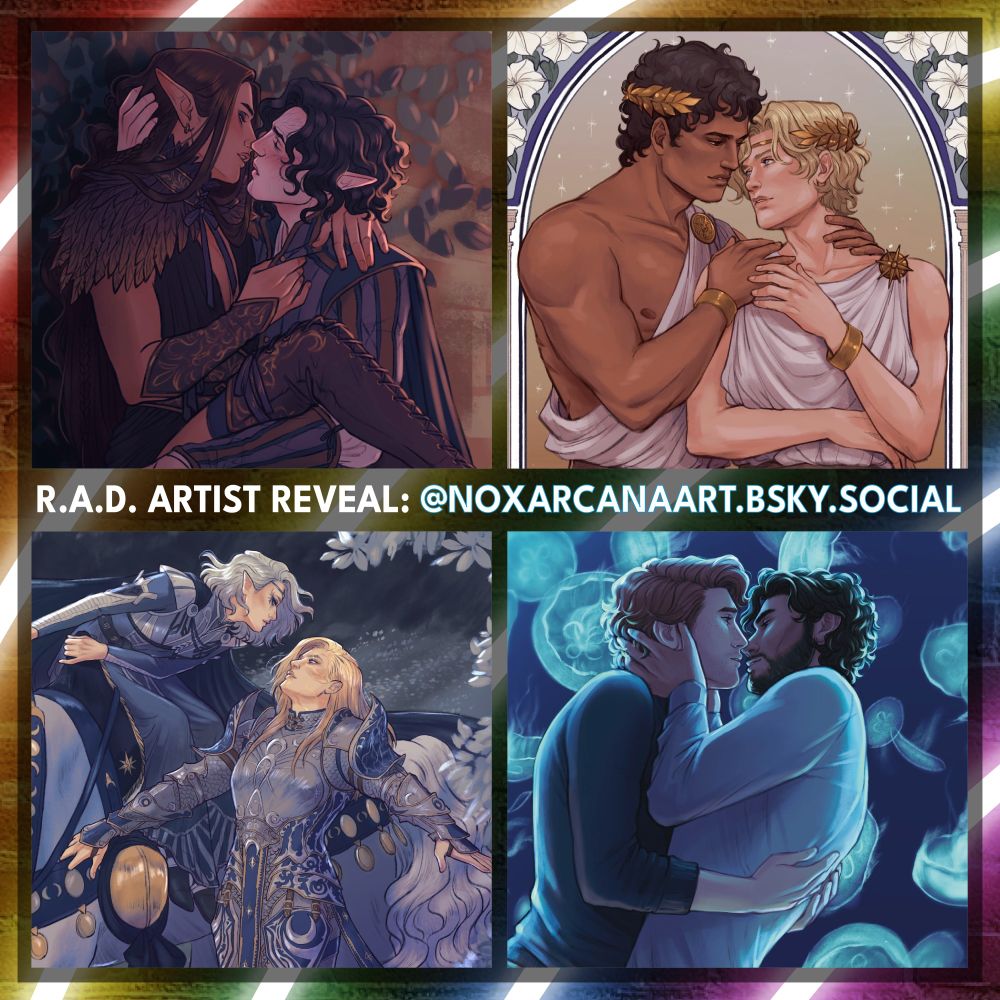 A graphic of a dark brick wall with neon lighting forming a striped rainbow effect. Overlaid is a black square with four illustrations arranged in quadrants. In the center it reads “R.A.D. artist reveal: “@noxarcanaart. The handle has a red pink surrounding each letter.