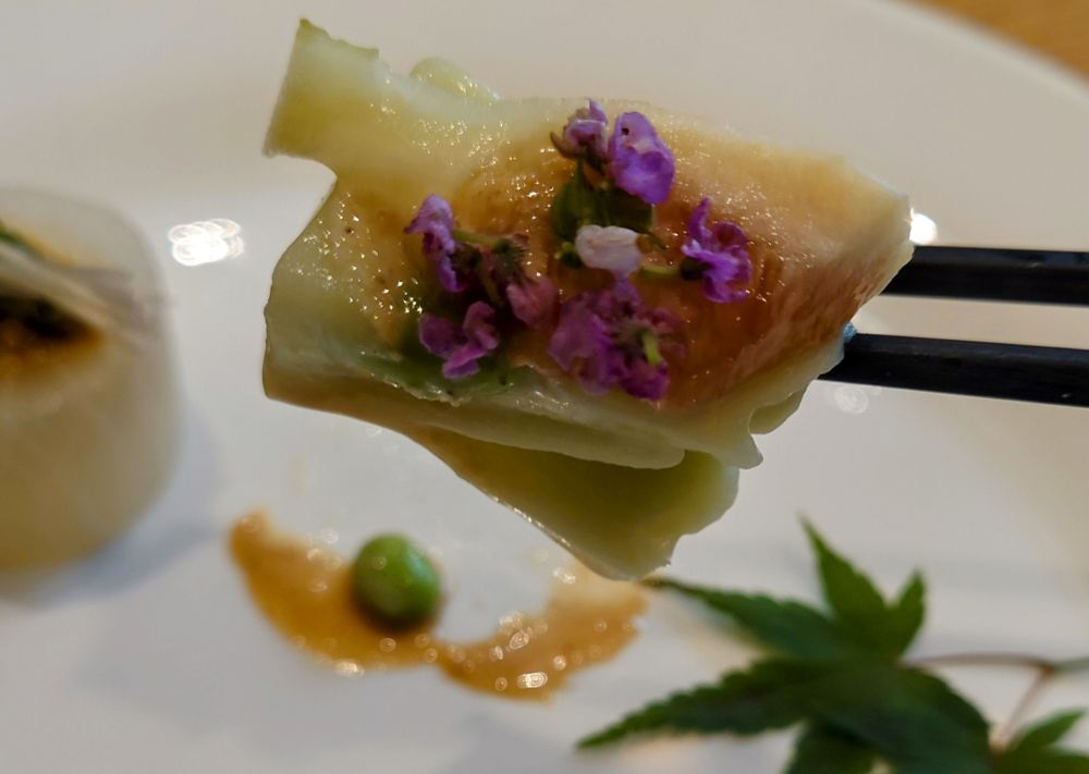 Edamame tofu topped with fig and shiso flowers, in sesame sauce