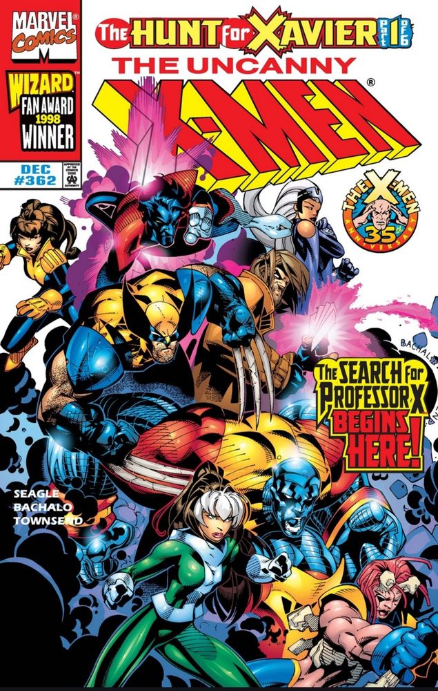 The cover of Uncanny X-Men #362 titled 'The Hunt for Xavier' Part 1 of 6