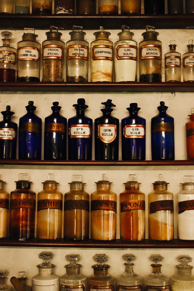 Four rows of old fashioned bottles containing remedies and tinctures within a Victorian apothecary