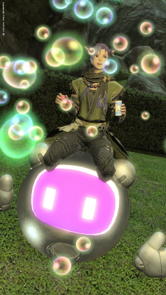 A purple haired Miqo'te (humanoid cat-like race from Final Fantasy XIV) woman sits aboard her outrunner. She blew some soap bubbles and looks around at them with joyful wonder.