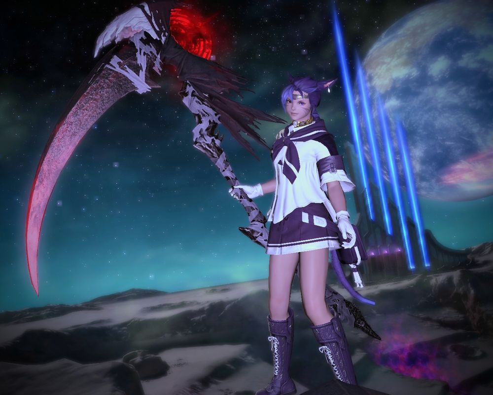 A purple haired Miqo'te (humanoid cat-like race from Final Fantasy XIV) woman dressed in a purple sailor soldier outfit from Sailor Moon poses with a scythe on alien terrain with the star of Etheirys visible in the background.