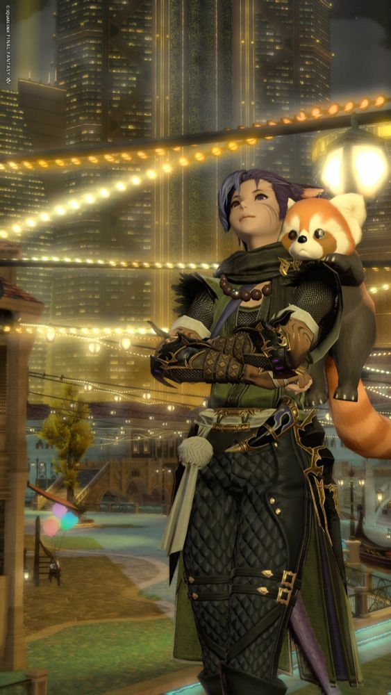 A purple haired Miqo'te (humanoid cat-like race from Final Fantasy XIV) woman gazes up at the strings of lights above the canals in Living Memory.