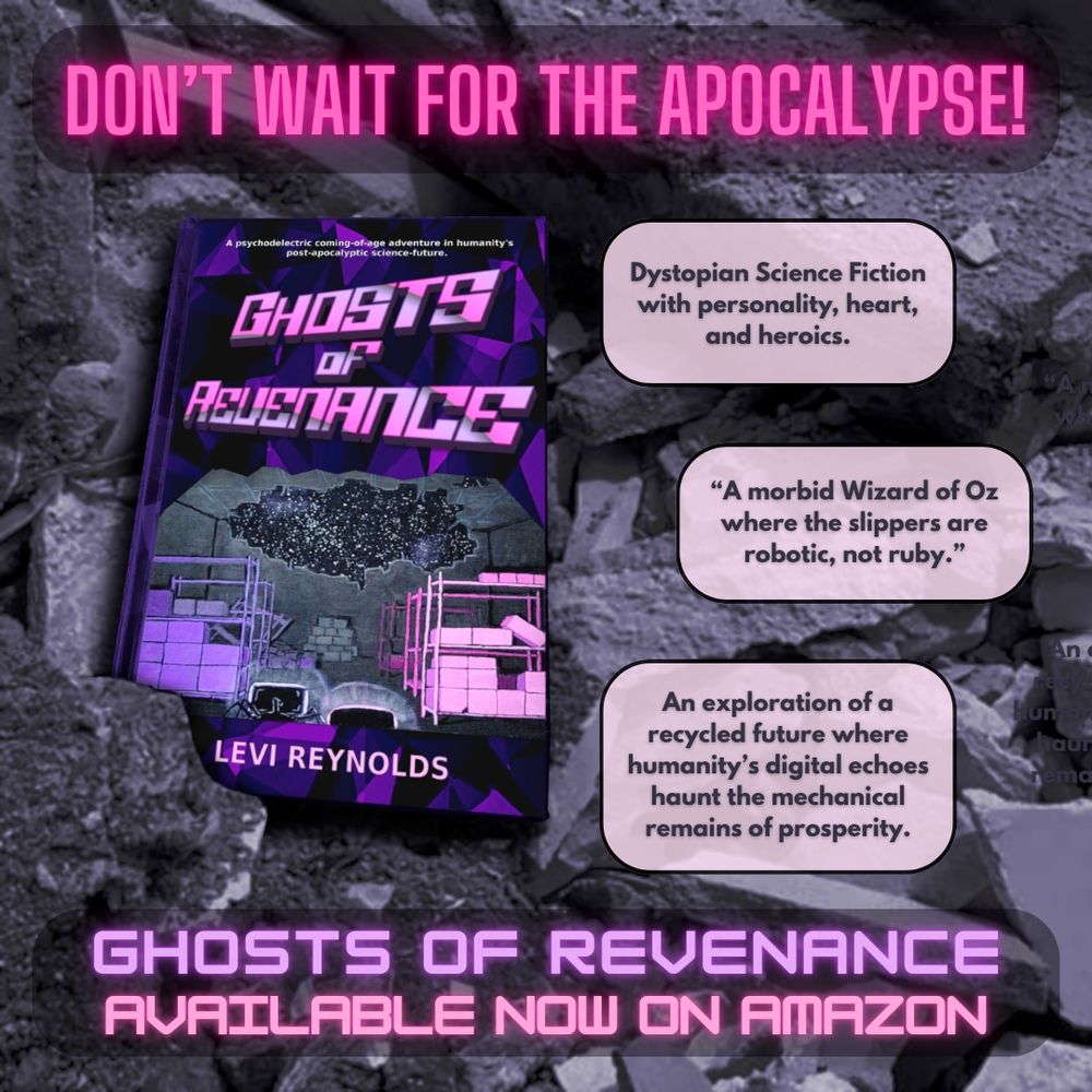 Ghosts of Revenance novel lying in rubble. "Don't wait for the apocalypse!". Available now on Amazon.