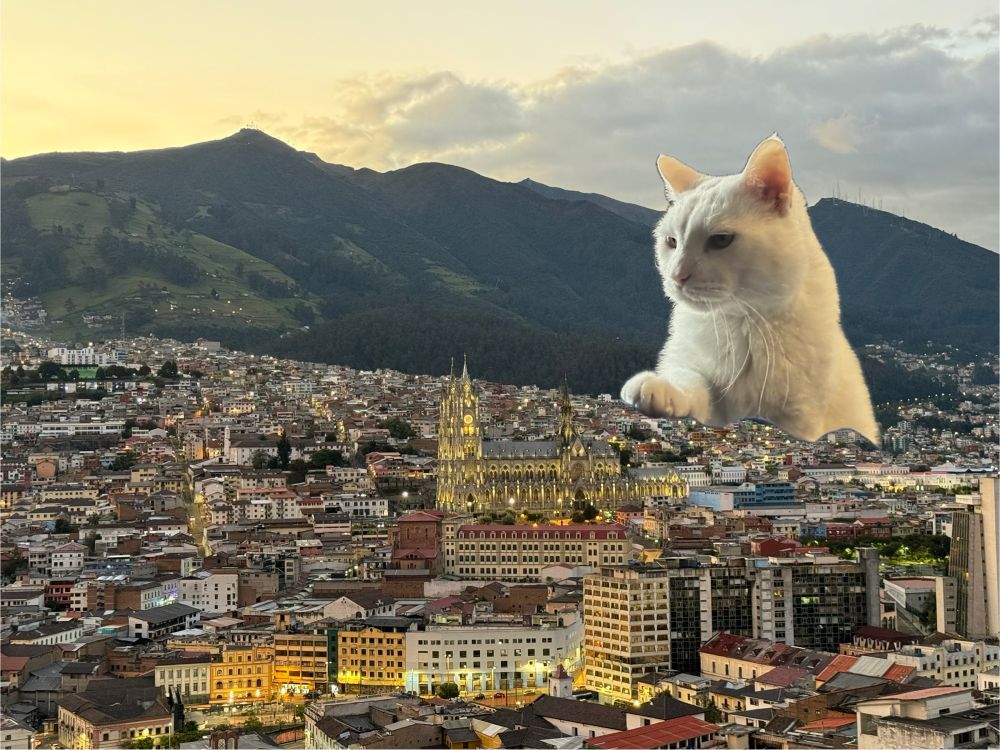 A Godzilla sized white cat overlooking the city of Quito, Ecuador. 