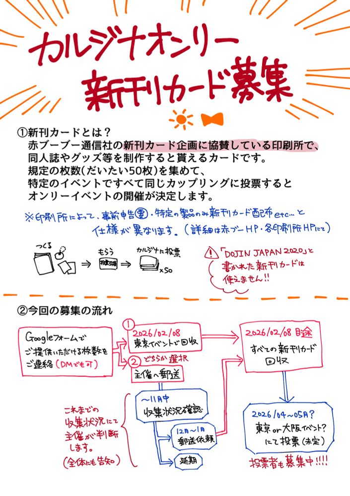 カルジナオンリー：新刊カード募集

①新刊カードとは？
赤ブーブー通信社の新刊カード企画に協賛している印刷所で、同人誌やグッズ等を制作すると貰えるカードです。
既定の枚数(基本は50枚)を集めて、特定のイベントですべて同じカップリングに投票すると、オンリーイベントの開催が決定します。
※印刷所によって、事前申告が必要だったり、特定の製品のみ新刊カード配布など、仕様が異なります。(詳細は赤ブーHP、各印刷所HPにて)
※「DOJIN JAPAN 2020」と書かれた新刊カードは使えません。


②今回の募集の流れ
Googleフォームでご提供いただける枚数をご連絡(DMでも可)
そして下記のどちらかを選択
→【1】2026/02/08東京イベントで回収
→【2】主催(@sino_Drow)へ郵送※11月中に主催が募集状況を確認し、収集続行の場合は12～1月中に郵送をお願いする予定です。
その後、2026/02/08目途ですべての新刊カードを回収のち、おそらく4～5月の東京か大阪のイベント(詳細未定)のイベントにて投票となります。
※投票者も絶賛募集中！
