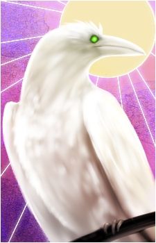 A small painted portrait in a style reminiscent of a tarot card. It is a green-eyed white raven turning its head to the right while perched on a black branch. It is haloed by a glowing pale yellow orb behind its head, and the orb is eminating threads of light. The background is a textured purple to pink gradient.