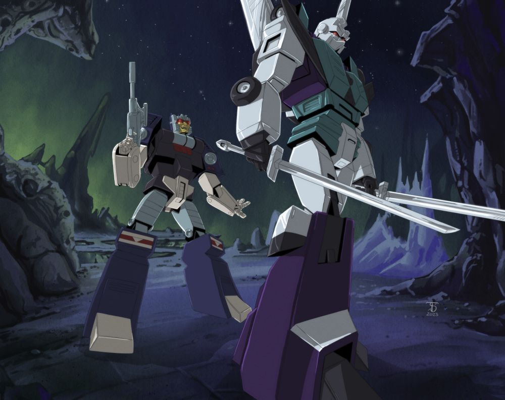 transformers sixshot and sixknight on a green and blue rocky space background.