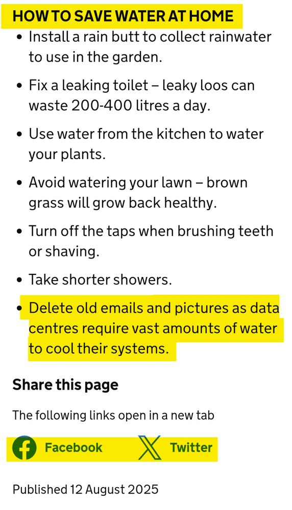 End of the web page with advices how to save water at home. Ends with "Delete old emails and pictures as data centres require vast amounts of water to cool their systems." And sharing buttons only for Facebook and X