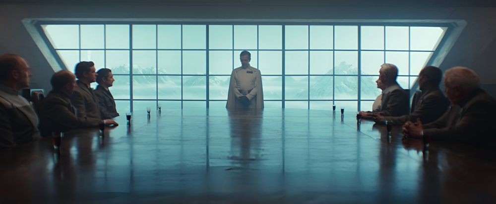 Orson Krennic holds secret Imperialeeting at the Maltheen Divide on how to pave the way for the Empire to invade and mine Ghorman. _Andor_ S02e01 "One Year Later"